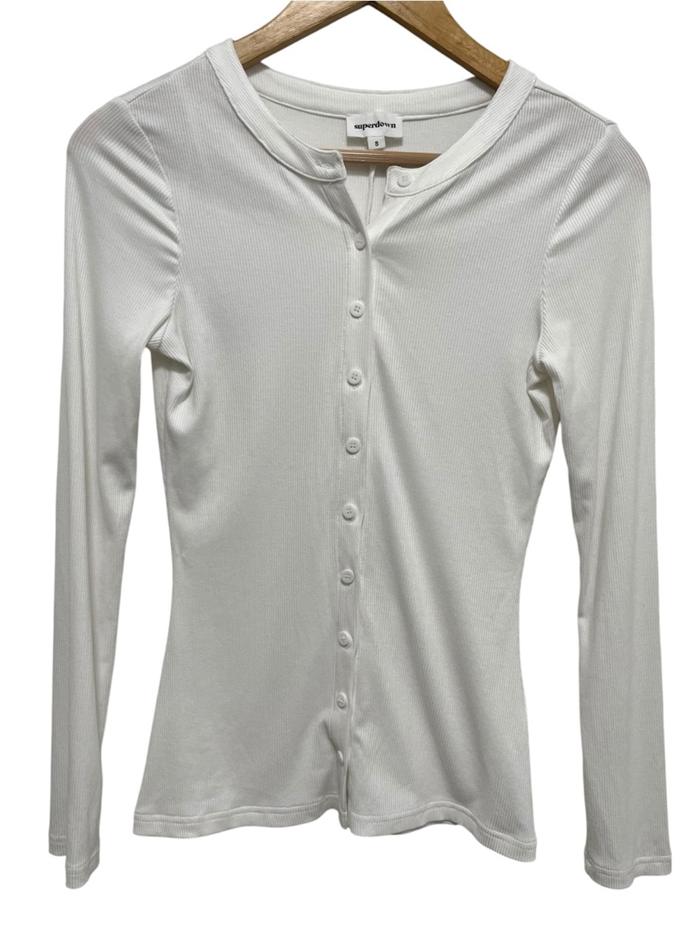 SUPERDOWN White Ribbed Button Up Long Sleeve Shirt Size Small